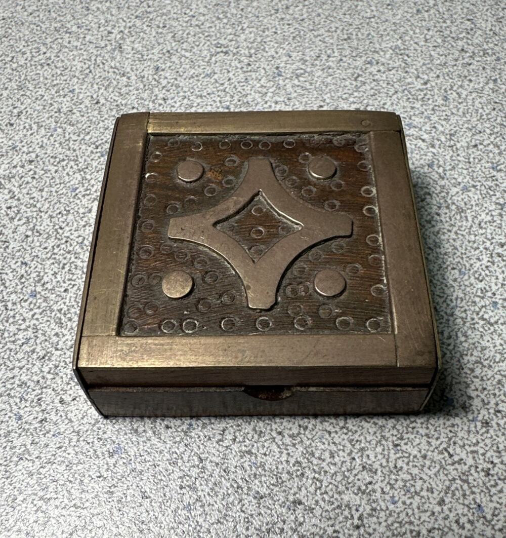 VTG Handmade Wood And Brass 2X2 Square Trinket Box India